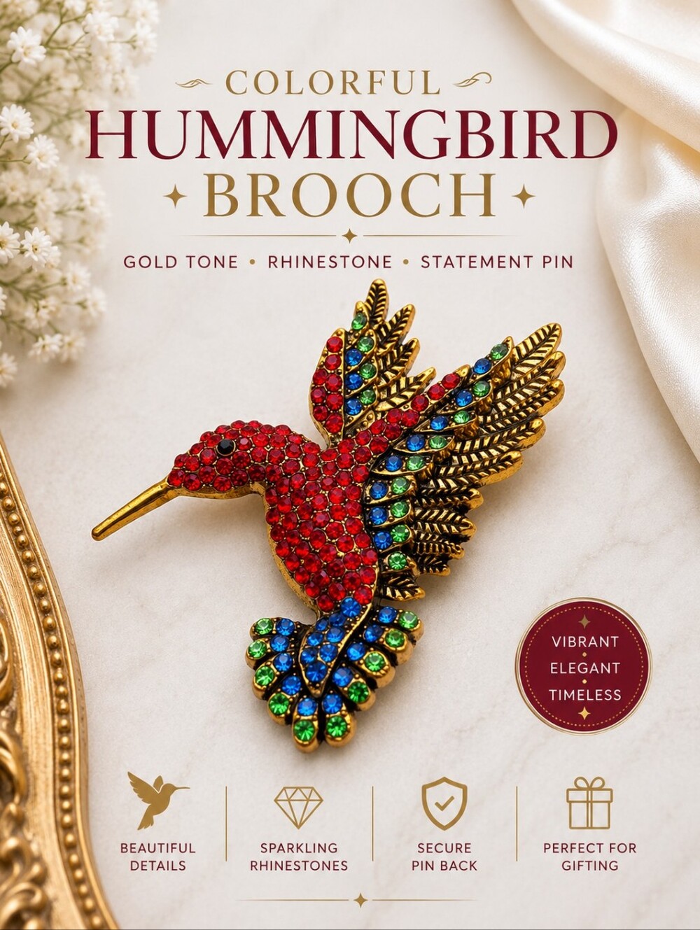 Colorful Hummingbird Brooch Gold Tone Rhinestone Bird Statement Pin